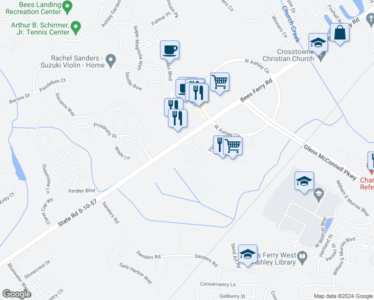 map of restaurants, bars, coffee shops, grocery stores, and more near State Road S-10-57 in Charleston