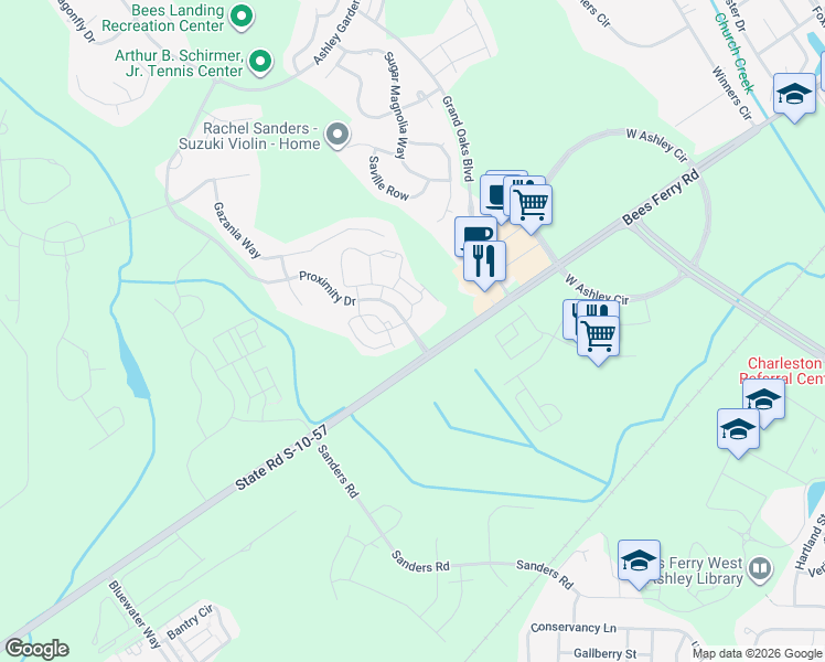 map of restaurants, bars, coffee shops, grocery stores, and more near 2021 Proximity Drive in Charleston