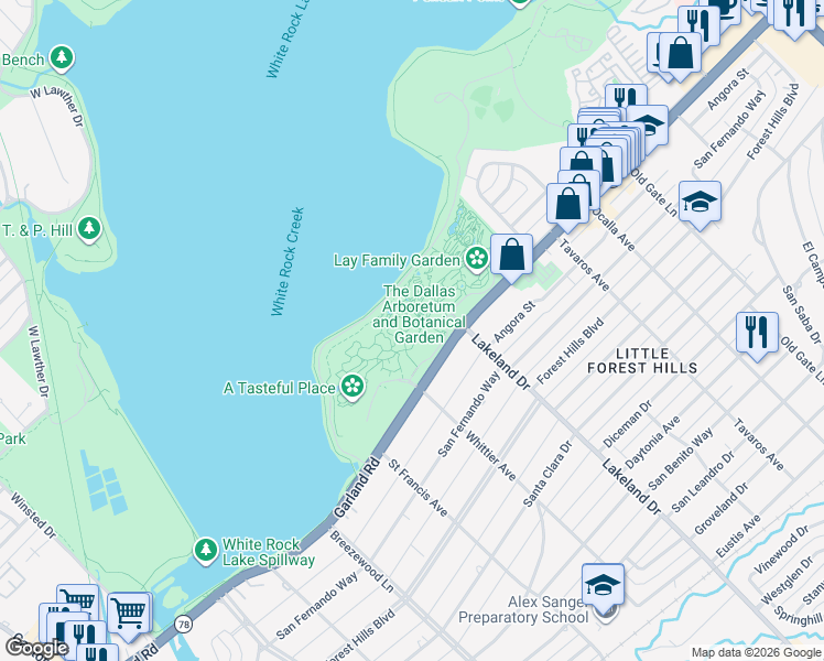 map of restaurants, bars, coffee shops, grocery stores, and more near 8525 Garland Road in Dallas