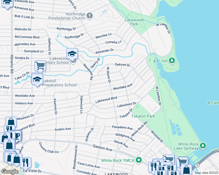 map of restaurants, bars, coffee shops, grocery stores, and more near 7007 Westlake Avenue in Dallas