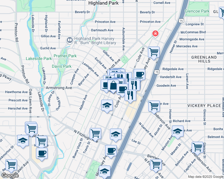map of restaurants, bars, coffee shops, grocery stores, and more near 4603 Cole Avenue in Dallas