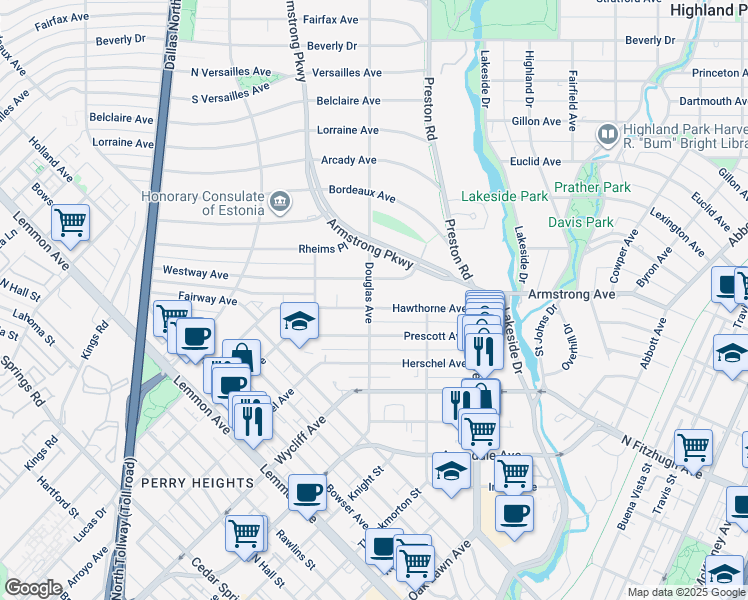 map of restaurants, bars, coffee shops, grocery stores, and more near 3 Douglas Avenue in Dallas