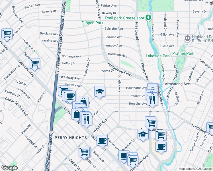 map of restaurants, bars, coffee shops, grocery stores, and more near 4019 Hawthorne Avenue in Dallas