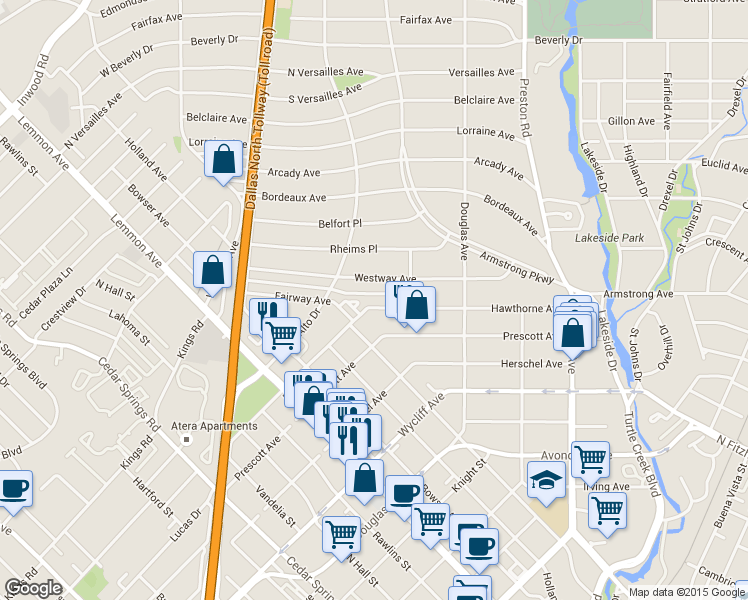 map of restaurants, bars, coffee shops, grocery stores, and more near 3815 Hawthorne Avenue in Dallas