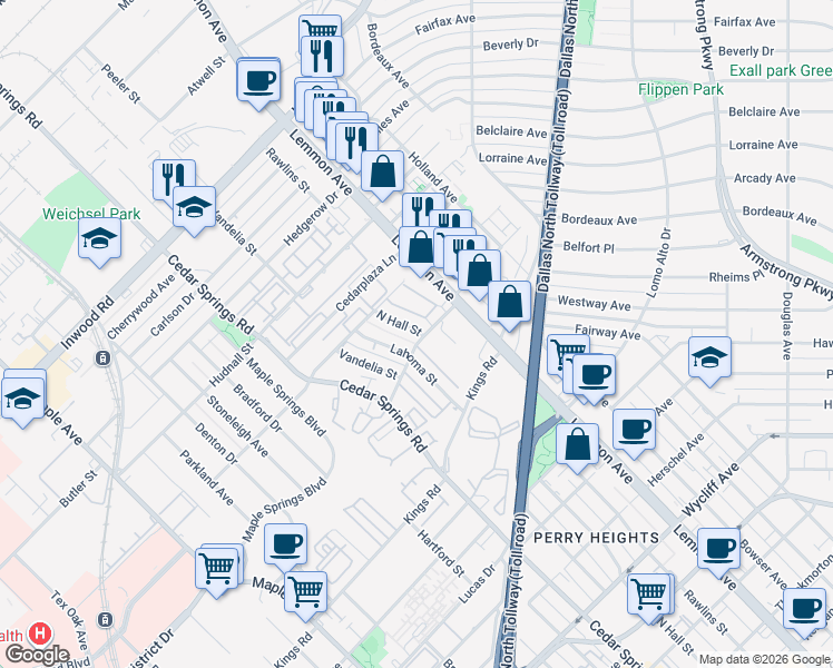map of restaurants, bars, coffee shops, grocery stores, and more near 5123 North Hall Street in Dallas
