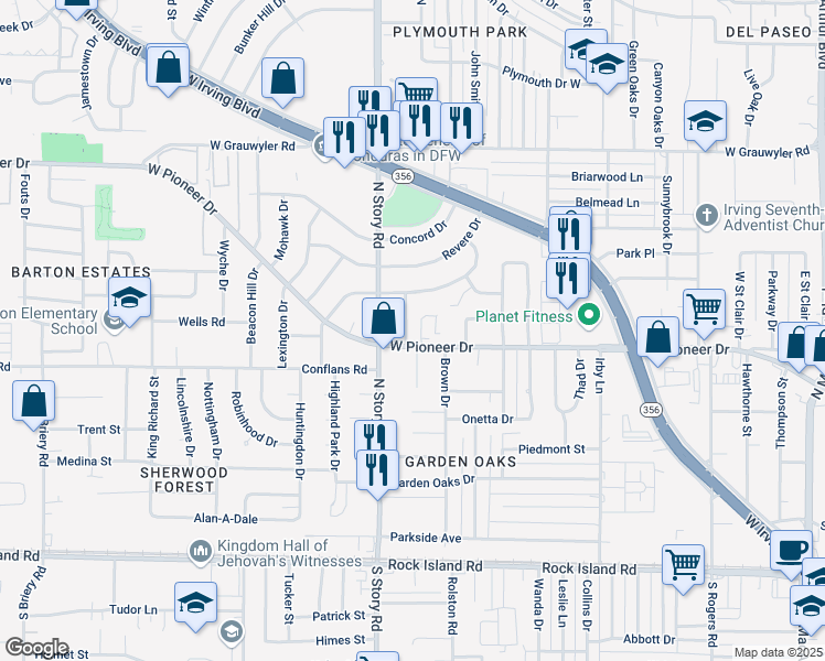 map of restaurants, bars, coffee shops, grocery stores, and more near 714 Belltower Drive in Irving