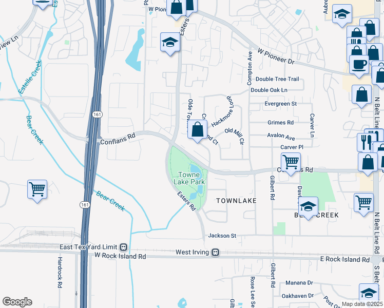 map of restaurants, bars, coffee shops, grocery stores, and more near 922 Colony Ridge Court in Irving
