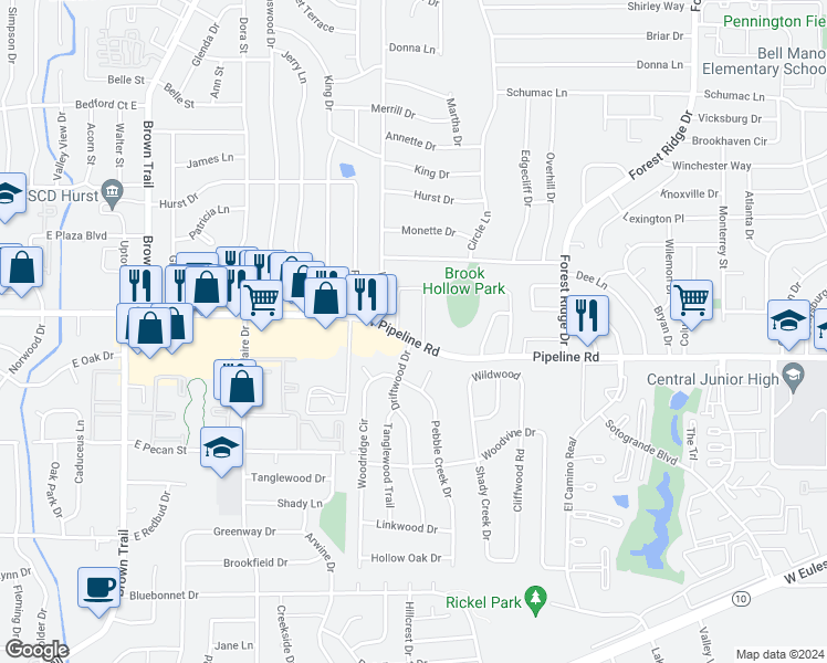map of restaurants, bars, coffee shops, grocery stores, and more near 800 Chateau Valee Circle in Bedford