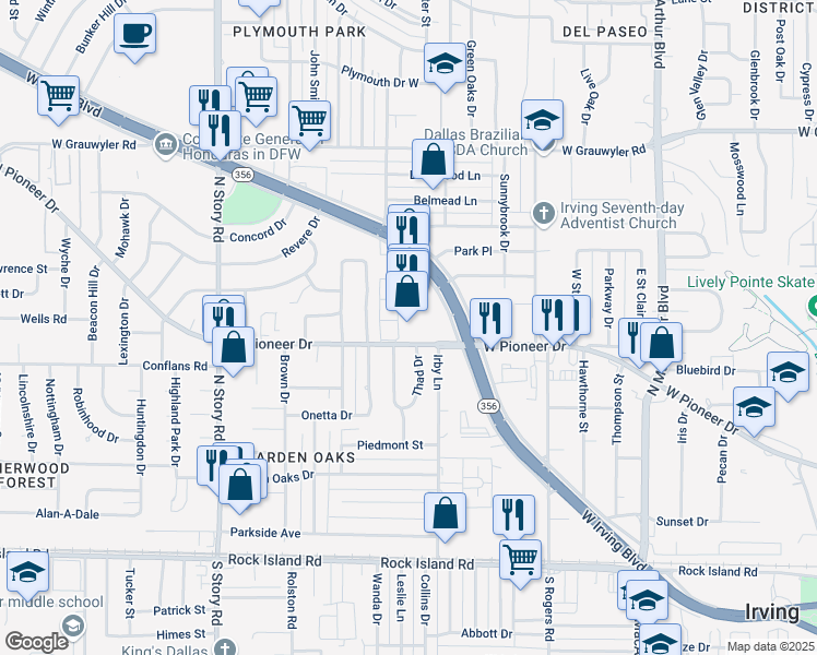 map of restaurants, bars, coffee shops, grocery stores, and more near 1770 West Irving Boulevard in Irving