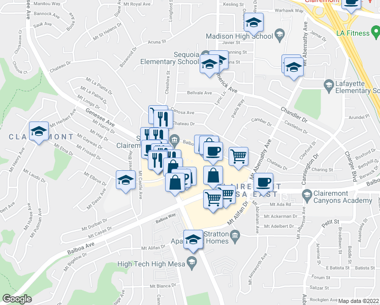 map of restaurants, bars, coffee shops, grocery stores, and more near 7 in San Diego