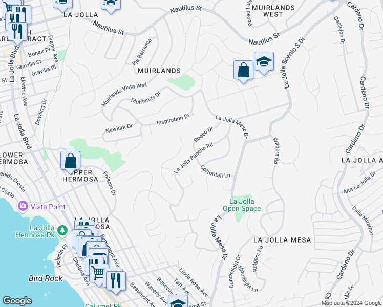 map of restaurants, bars, coffee shops, grocery stores, and more near 1290 La Jolla Rancho Road in San Diego