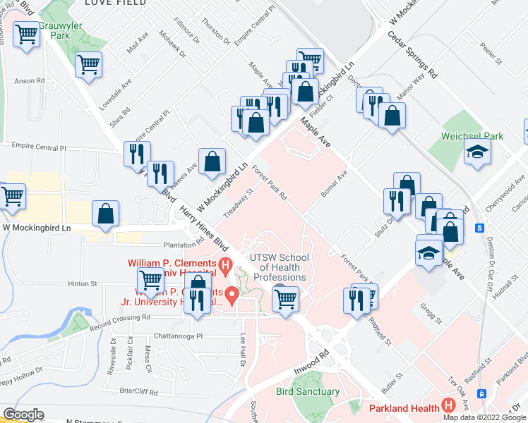 map of restaurants, bars, coffee shops, grocery stores, and more near 6303 Forest Park Road in Dallas