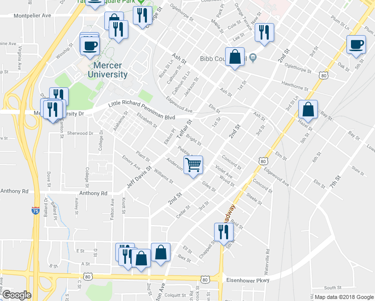 map of restaurants, bars, coffee shops, grocery stores, and more near 745 Pebble Street in Macon