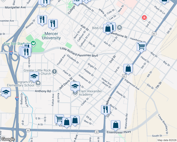map of restaurants, bars, coffee shops, grocery stores, and more near 745 Pebble Street in Macon