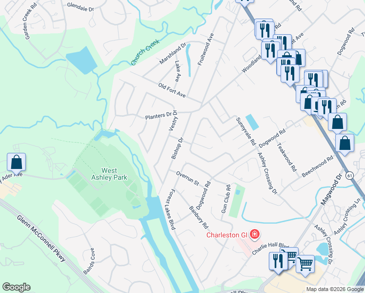 map of restaurants, bars, coffee shops, grocery stores, and more near 2069 Bishop Drive in Charleston