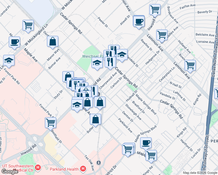 map of restaurants, bars, coffee shops, grocery stores, and more near 2810 Cherrywood Avenue in Dallas