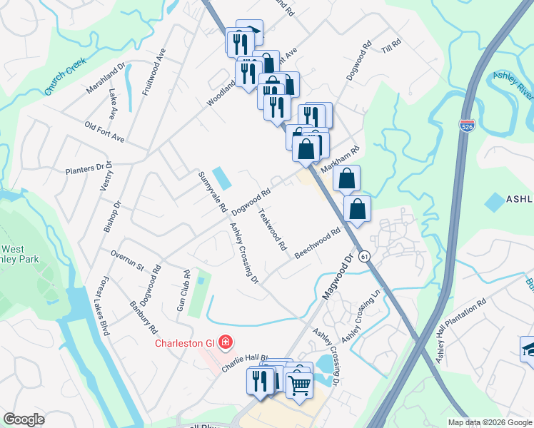 map of restaurants, bars, coffee shops, grocery stores, and more near 1972 Norton Street in Charleston