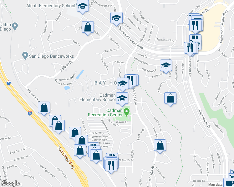 map of restaurants, bars, coffee shops, grocery stores, and more near 3282 Geddes Drive in San Diego