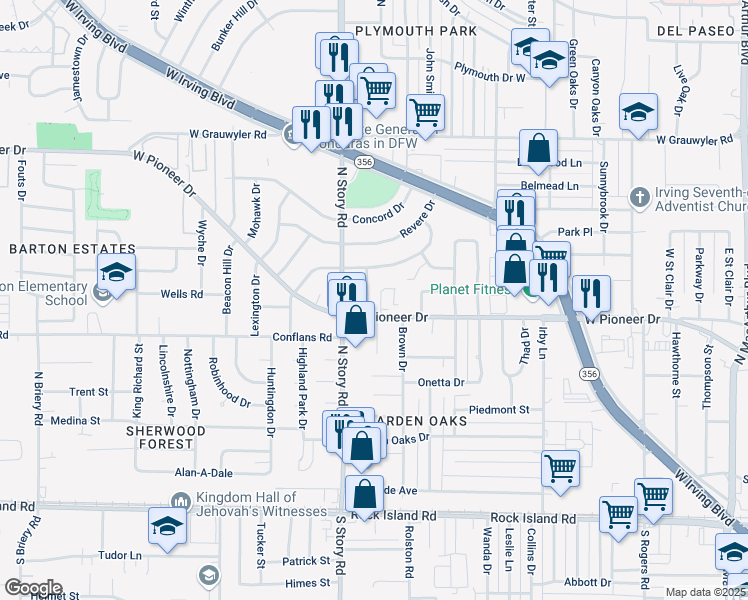 map of restaurants, bars, coffee shops, grocery stores, and more near 714 Belltower Drive in Irving