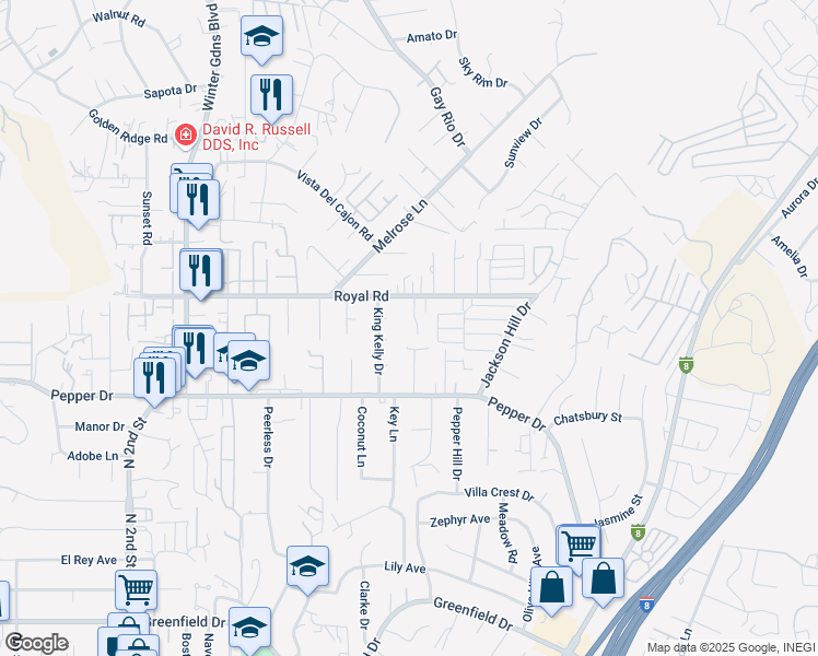 map of restaurants, bars, coffee shops, grocery stores, and more near 8022 Royalito Ln in Winter Gardens