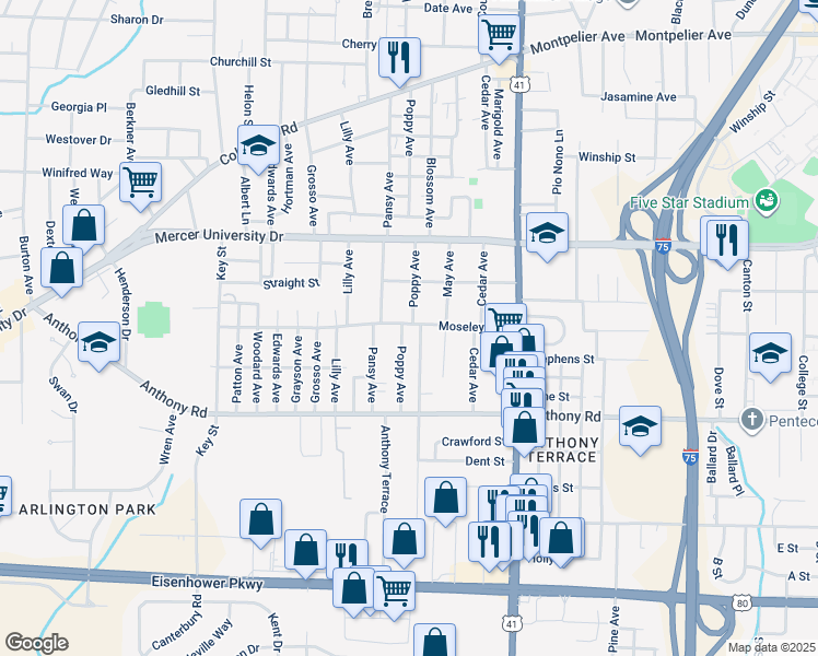 map of restaurants, bars, coffee shops, grocery stores, and more near 700 Poppy Avenue in Macon