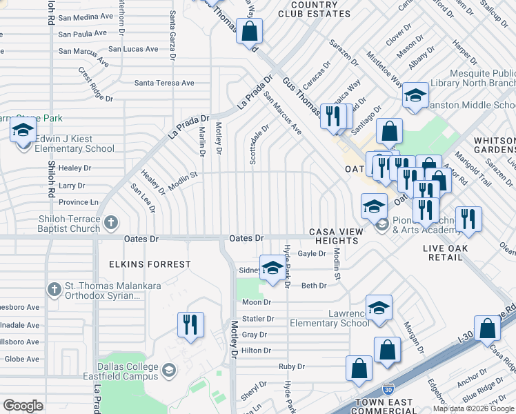 map of restaurants, bars, coffee shops, grocery stores, and more near 4232 Scottsdale Drive in Mesquite
