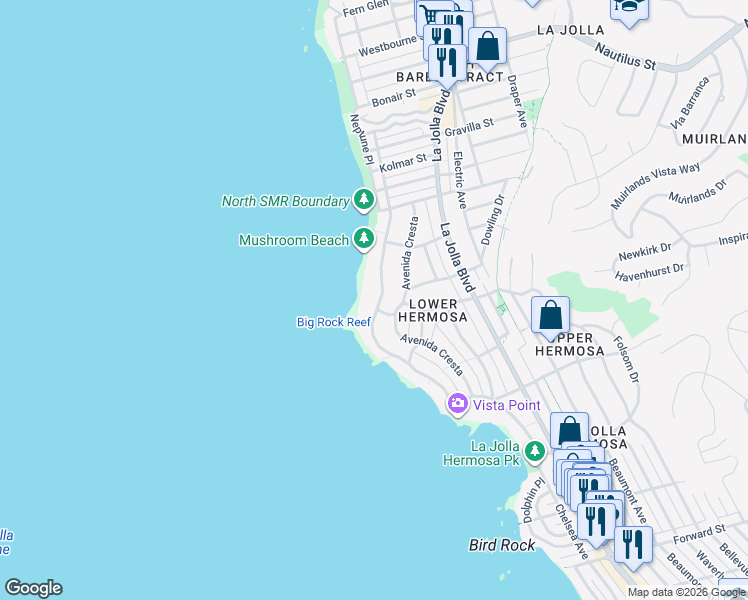 map of restaurants, bars, coffee shops, grocery stores, and more near 6277 Camino De La Costa in San Diego