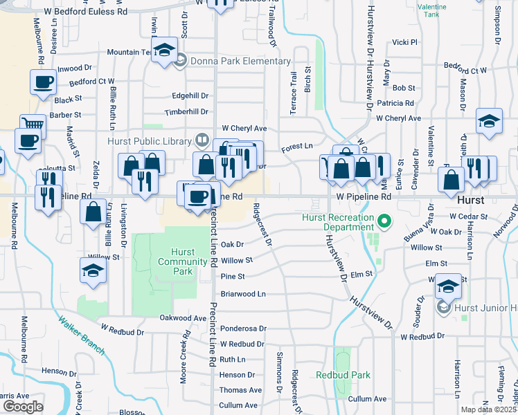 map of restaurants, bars, coffee shops, grocery stores, and more near 752 Ridgecrest Drive in Hurst
