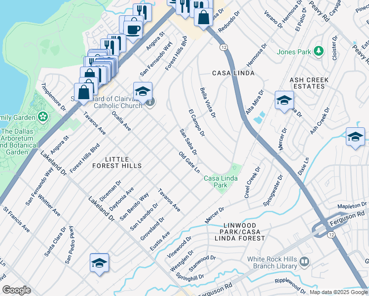 map of restaurants, bars, coffee shops, grocery stores, and more near 1523 San Saba Drive in Dallas