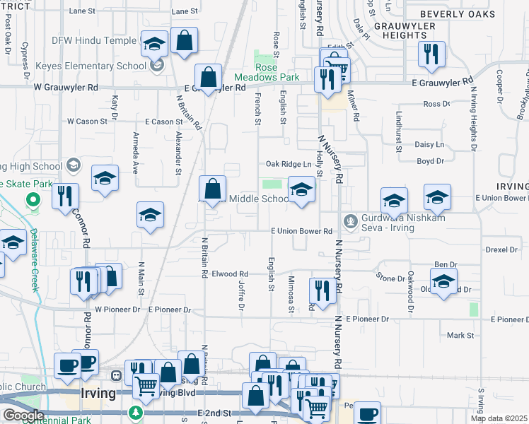 map of restaurants, bars, coffee shops, grocery stores, and more near 925 English Street in Irving