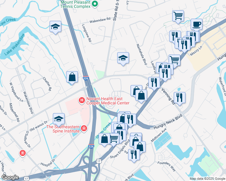 map of restaurants, bars, coffee shops, grocery stores, and more near 1023 Rosewood Lane in Mount Pleasant