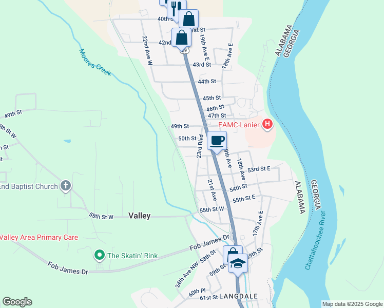 map of restaurants, bars, coffee shops, grocery stores, and more near 2205 52nd Street in Valley