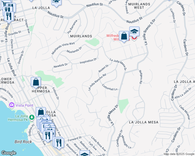 map of restaurants, bars, coffee shops, grocery stores, and more near 1290 La Jolla Rancho Road in San Diego