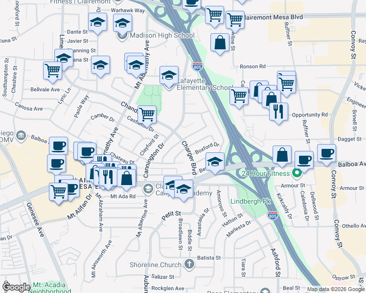 map of restaurants, bars, coffee shops, grocery stores, and more near 4450 Charger Boulevard in San Diego