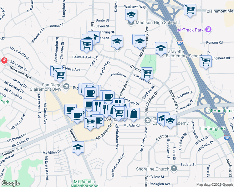 map of restaurants, bars, coffee shops, grocery stores, and more near 5744 Chateau Drive in San Diego