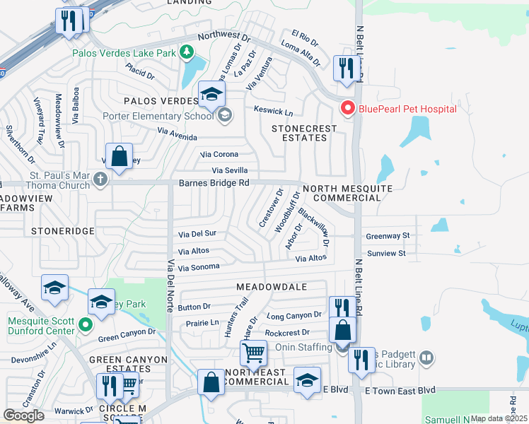 map of restaurants, bars, coffee shops, grocery stores, and more near 4221 Crestover Drive in Mesquite