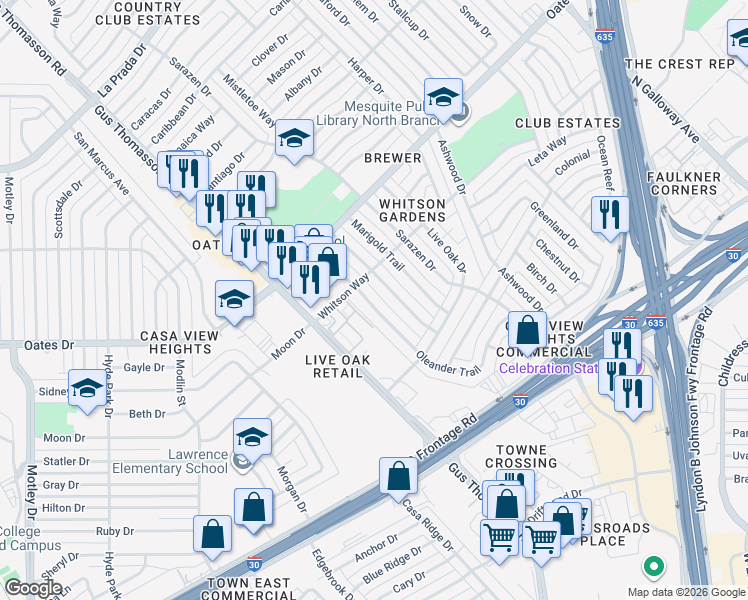 map of restaurants, bars, coffee shops, grocery stores, and more near 4416 Oleander Trail in Mesquite