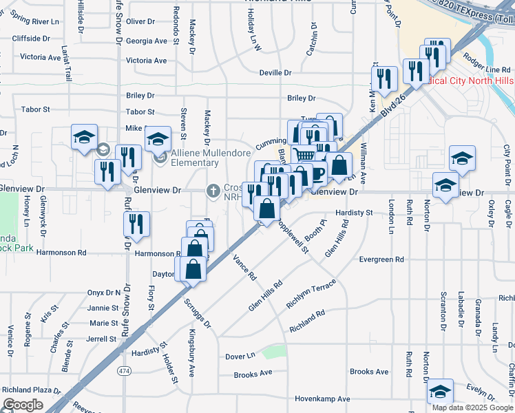 map of restaurants, bars, coffee shops, grocery stores, and more near 10 Daley Avenue in North Richland Hills