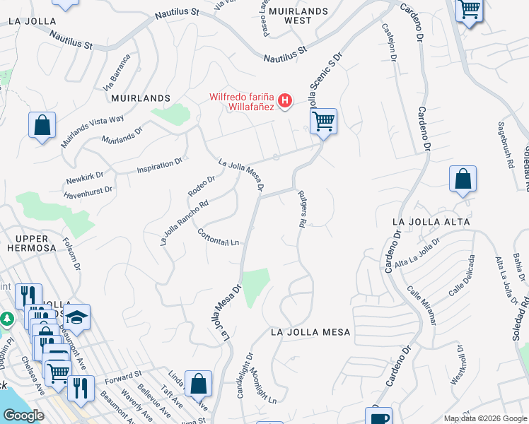 map of restaurants, bars, coffee shops, grocery stores, and more near 5971 La Jolla Mesa Drive in San Diego