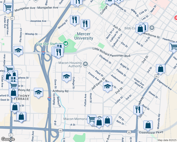 map of restaurants, bars, coffee shops, grocery stores, and more near 979 Emory Avenue in Macon