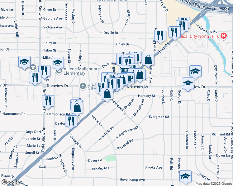 map of restaurants, bars, coffee shops, grocery stores, and more near 7116 Boulevard 26 in Richland Hills
