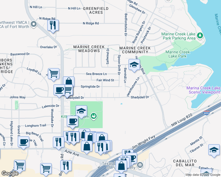 map of restaurants, bars, coffee shops, grocery stores, and more near 5725 Springtide Dr in Fort Worth