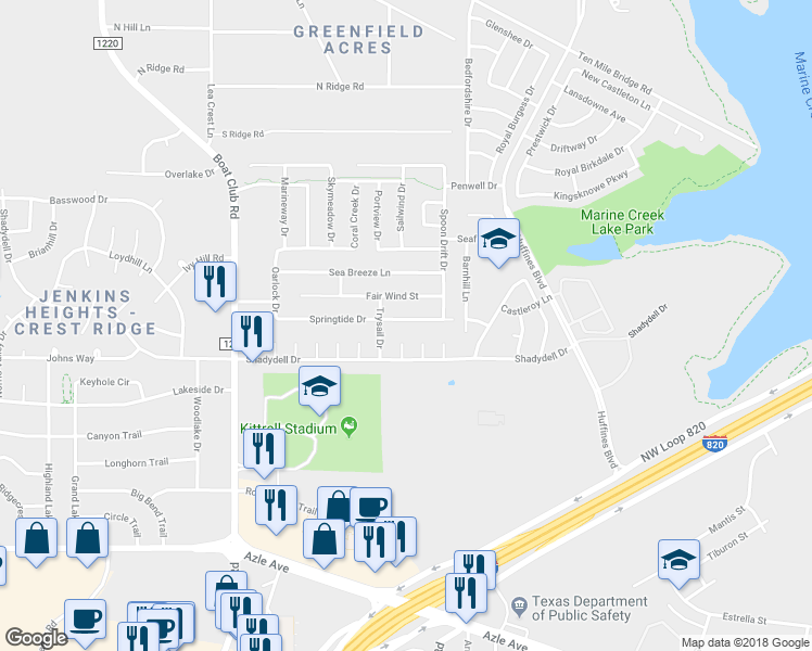 map of restaurants, bars, coffee shops, grocery stores, and more near 5729 Springtide Drive in Fort Worth