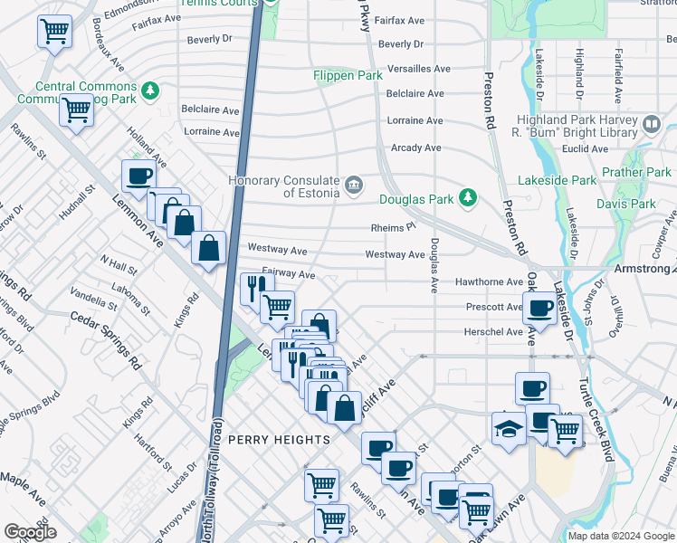map of restaurants, bars, coffee shops, grocery stores, and more near 3815 Hawthorne Avenue in Dallas