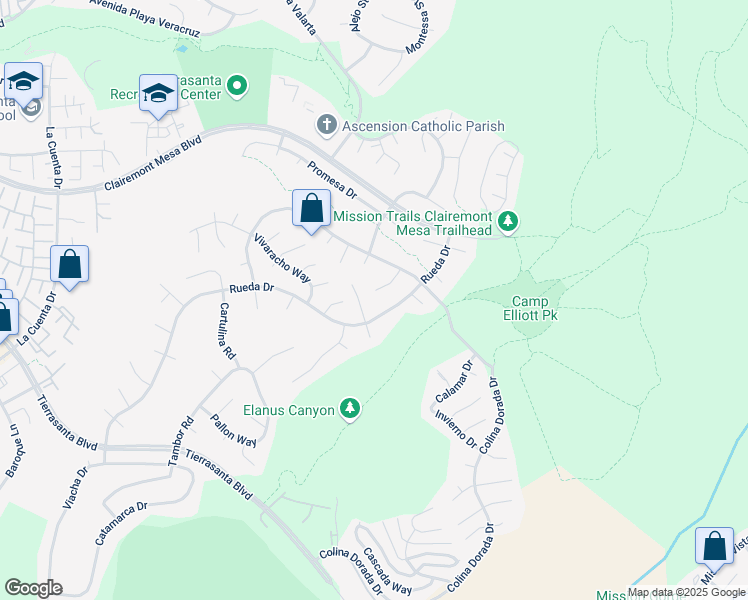 map of restaurants, bars, coffee shops, grocery stores, and more near 4551 Via Palabra in San Diego