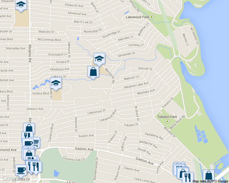 map of restaurants, bars, coffee shops, grocery stores, and more near 6902 Meadow Lake Avenue in Dallas