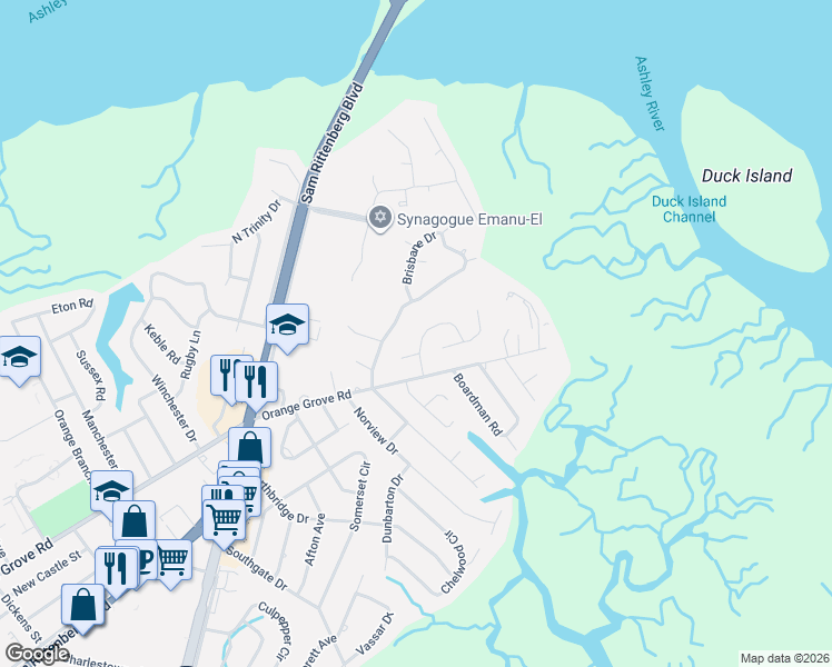 map of restaurants, bars, coffee shops, grocery stores, and more near 7 Brigadier Drive in Charleston