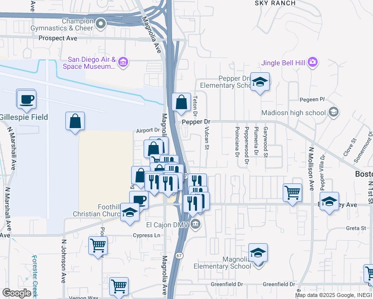 map of restaurants, bars, coffee shops, grocery stores, and more near 318 Graves Court in El Cajon
