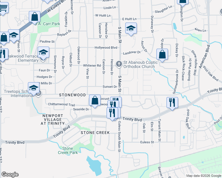 map of restaurants, bars, coffee shops, grocery stores, and more near 105 Sunset Drive in Euless
