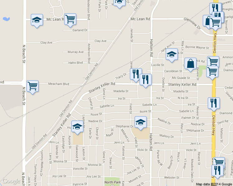 map of restaurants, bars, coffee shops, grocery stores, and more near 4900 Madella Street in Fort Worth